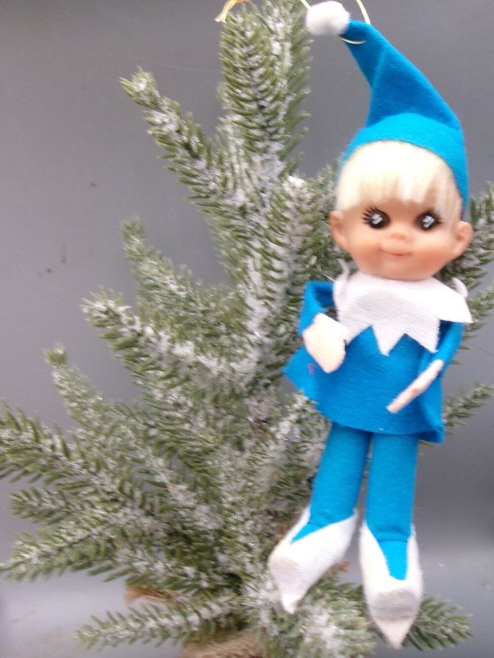 Napco Pixie Elf Poseable Blue Felt, Vintage Christmas Ornaments